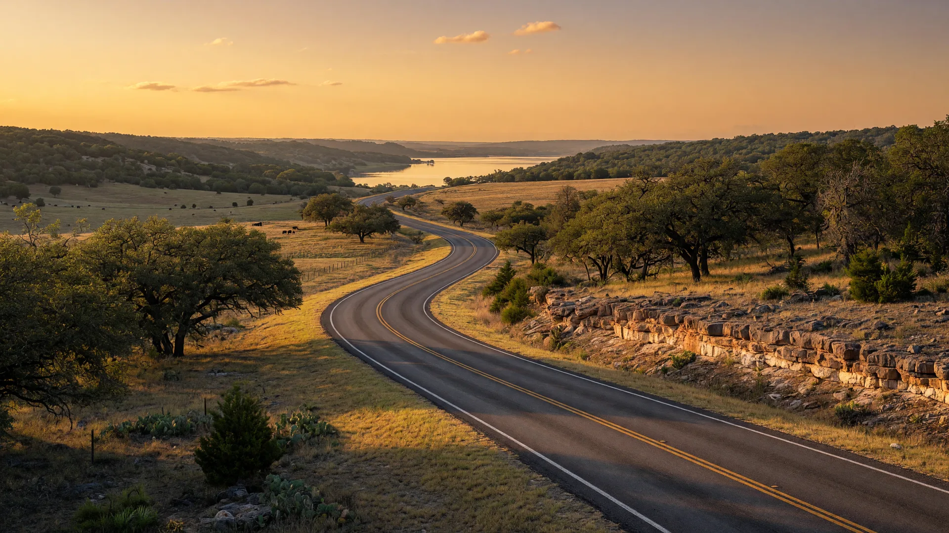 A Hill Country backroad at golden hour curving toward a distant lake