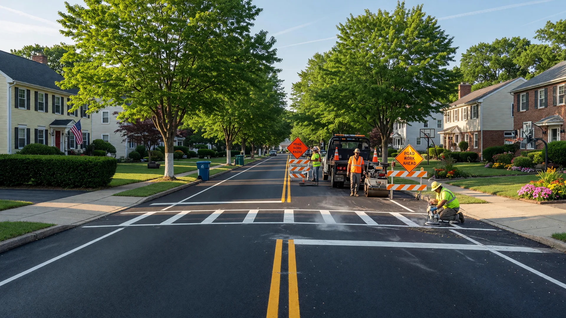 A suburban residential street in West Orange NJ with a road resurfacing crew and mature trees on a sunny summer morning