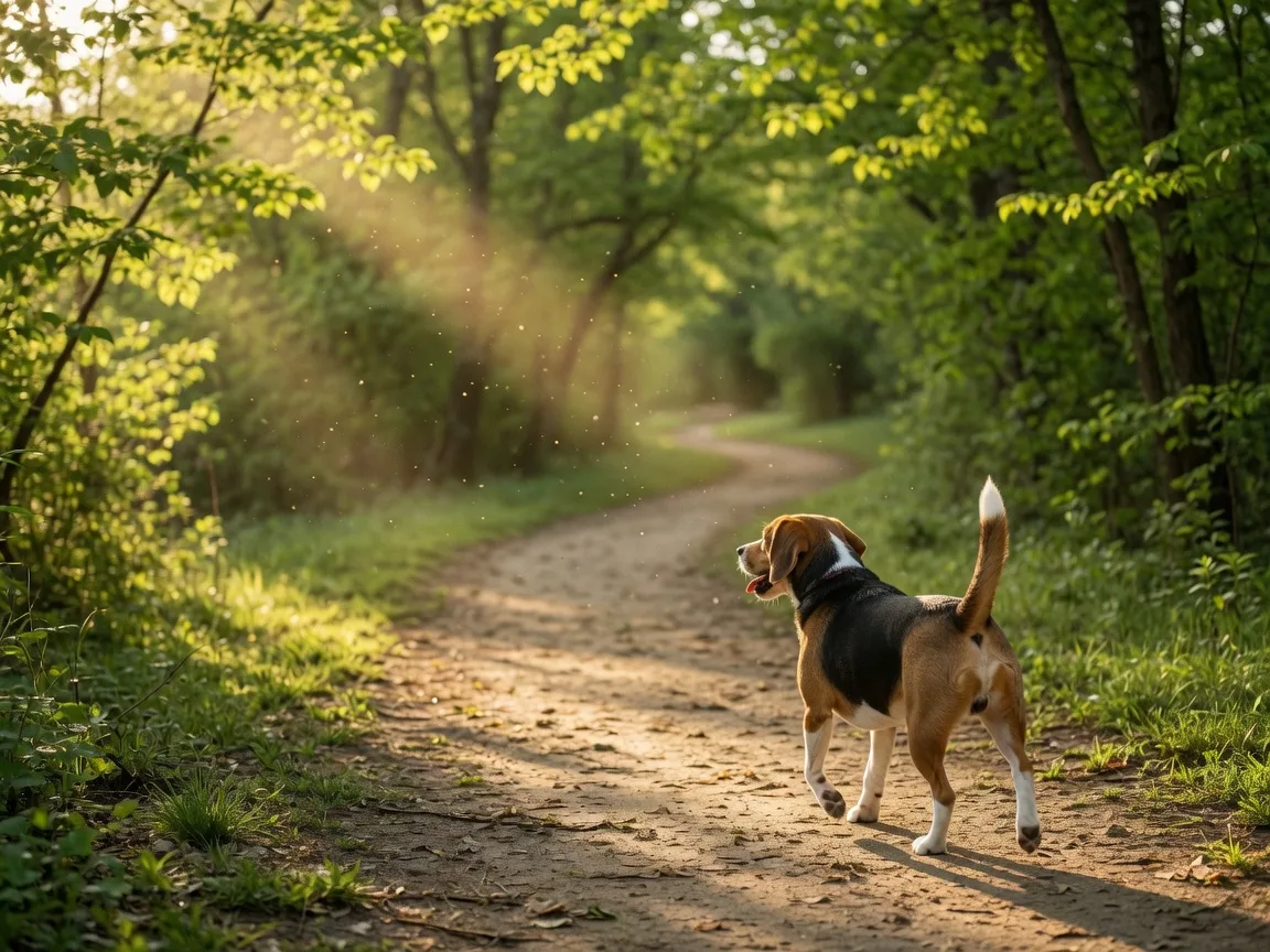 A beagle mix trotting happily down a sun-dappled woodland trail in an Ohio river valley at morning