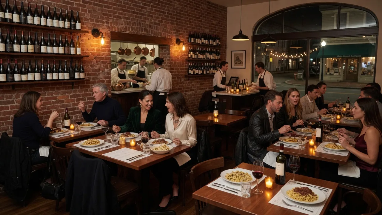 Warm interior of a modern pasta chophouse restaurant with exposed brick and ambient lighting