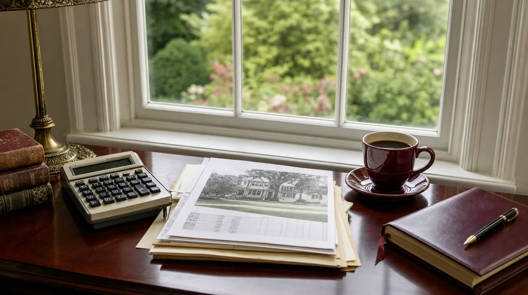 Overhead view of a wooden desk with a vintage calculator, property tax documents, a coffee cup, and a colonial window showing green garden