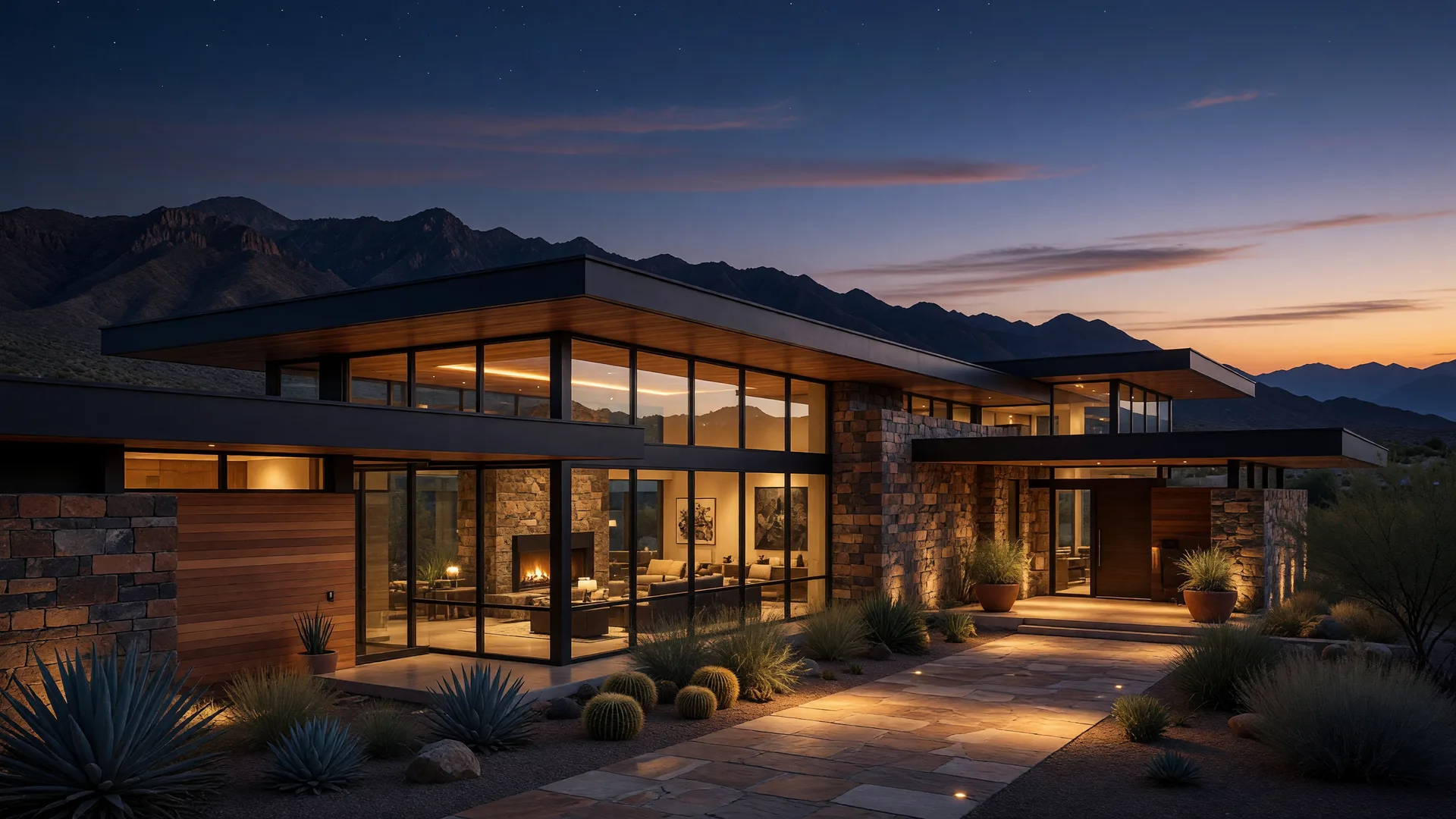 Warm architectural photography of an Albuquerque luxury home entrance with mountain views