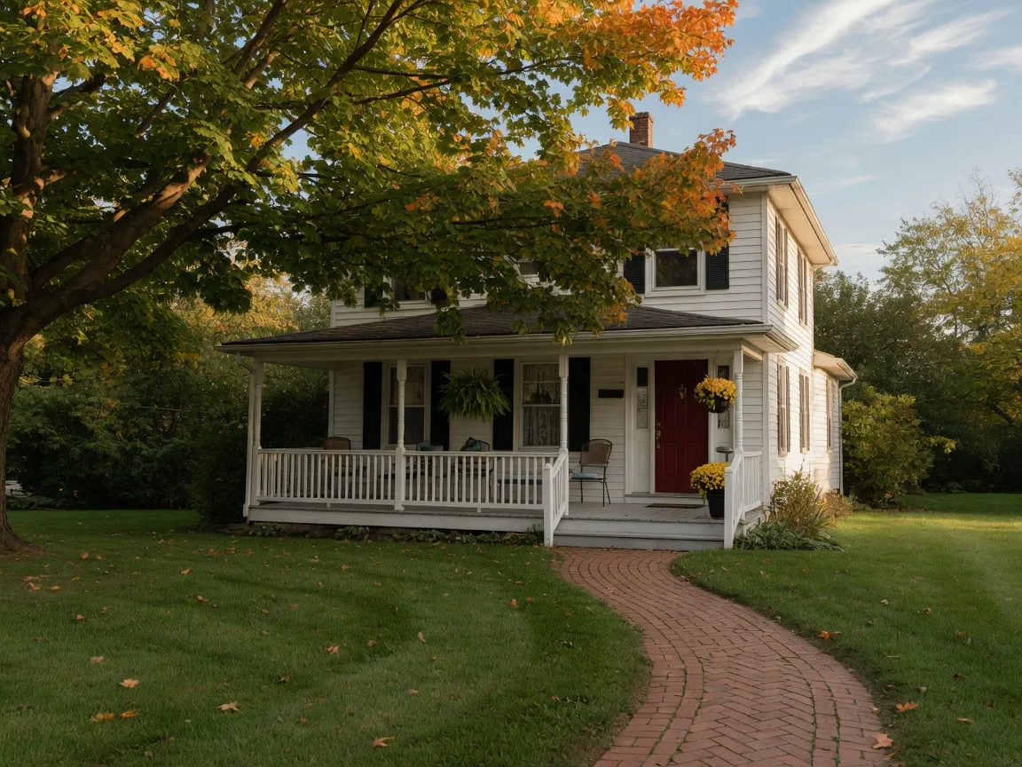 A charming small-town home with a welcoming front porch and a brick path on a calm autumn morning