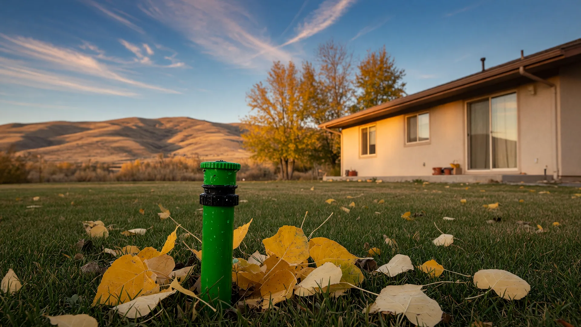 A sprinkler head in a fall lawn with golden leaves, with a ranch home and foothills behind