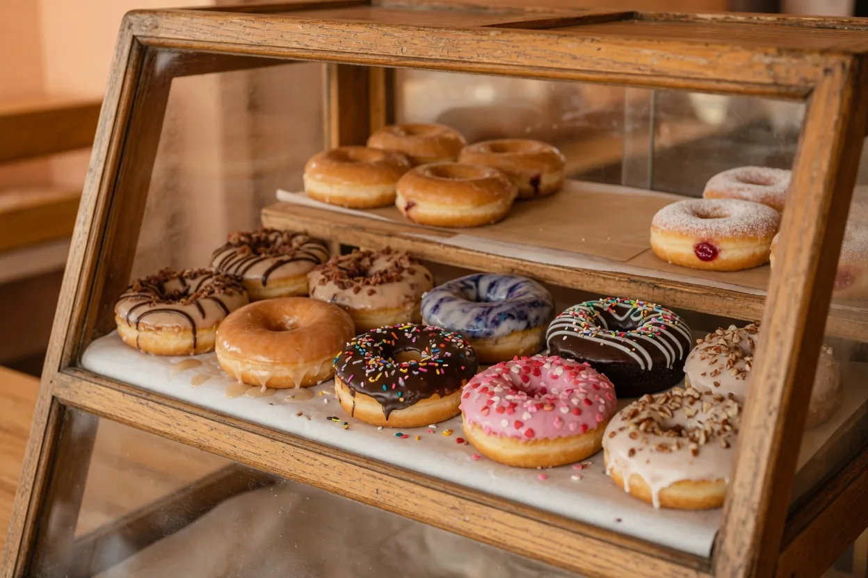 A warm inviting display case of fresh glazed and frosted donuts at a donut shop