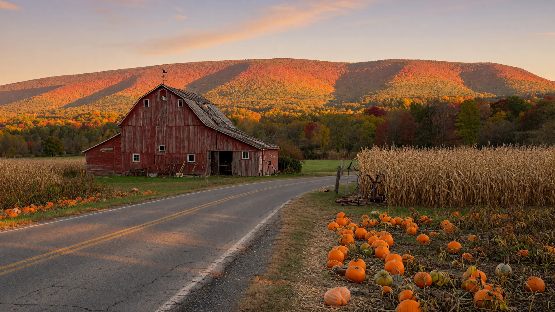 A two-lane country road in rural Lehigh County in early October, with a red barn, a pumpkin patch, and the Blue Mountain ridge showing early fall color