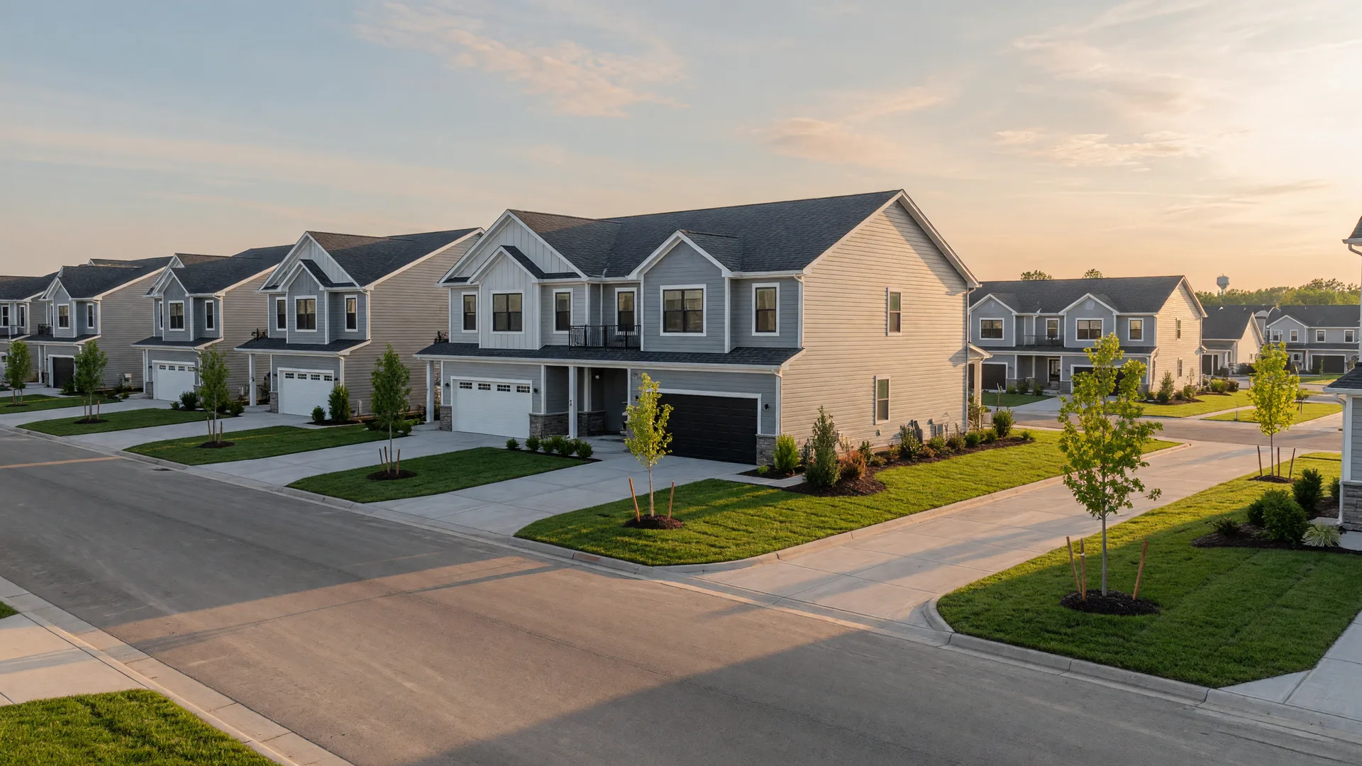 Illustrative photograph of a new-construction twin home and townhome development with attached garages and fresh landscaping. Not a specific listing or property.