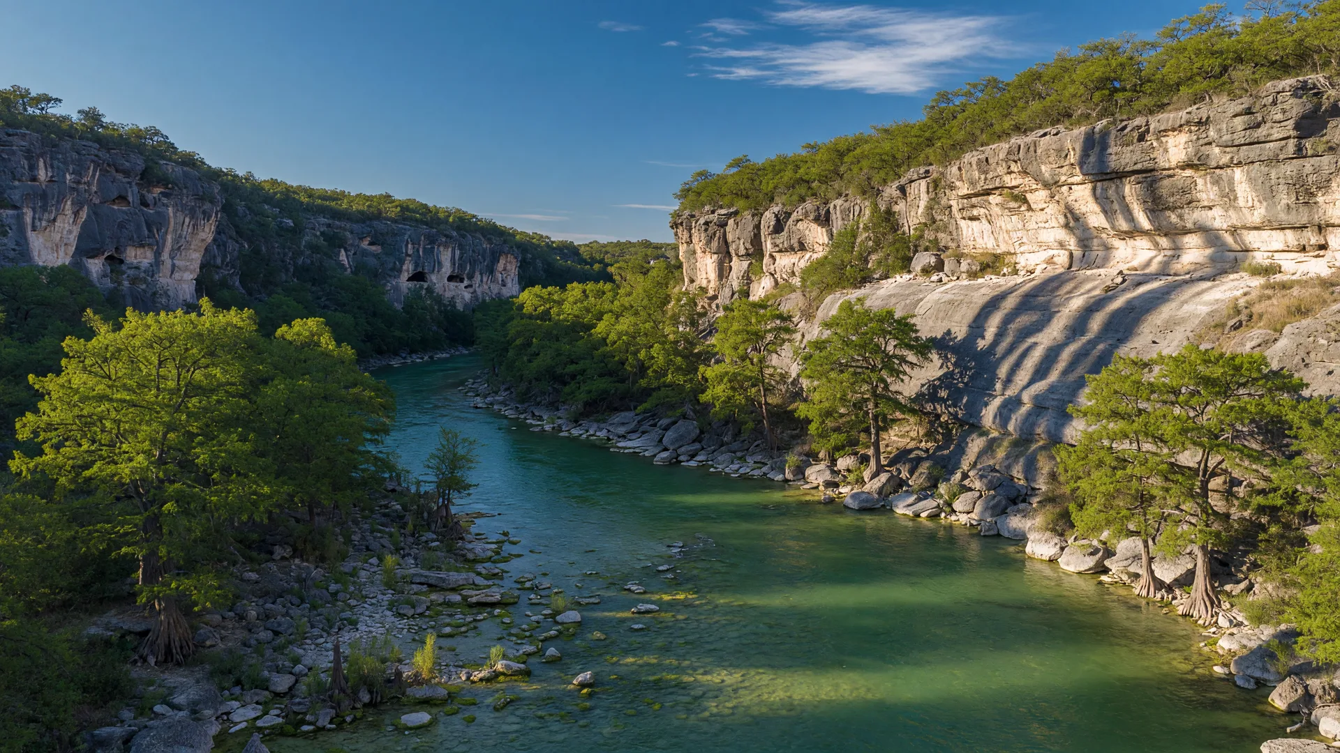 Clear turquoise Frio River winding through a dramatic limestone canyon near Leakey, Texas, with cypress-lined banks in late-afternoon light