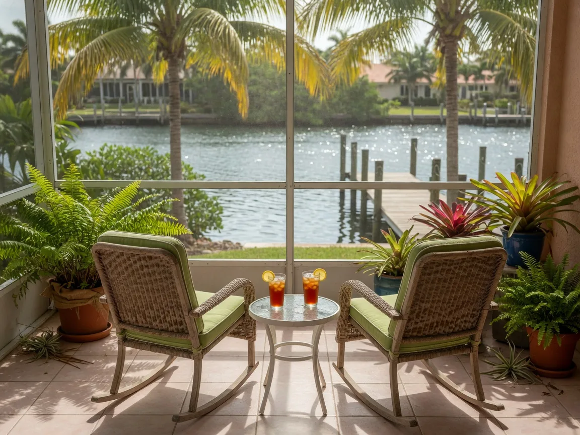 A screened lanai in a Southwest Florida home with rocking chairs facing a canal