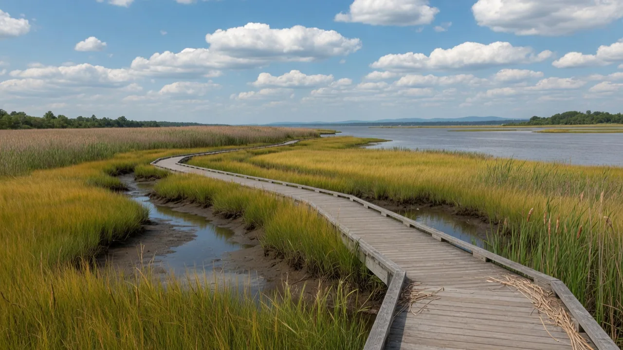 A wooden boardwalk winding through a tidal marsh with tall grasses, open water views, and puffy white clouds in a bright blue summer sky