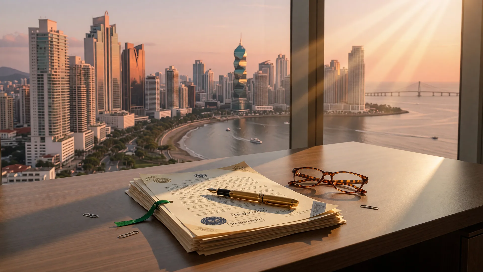 A property purchase document with a gold pen and reading glasses on a desk, the Panama City skyline softly blurred through the window at golden hour