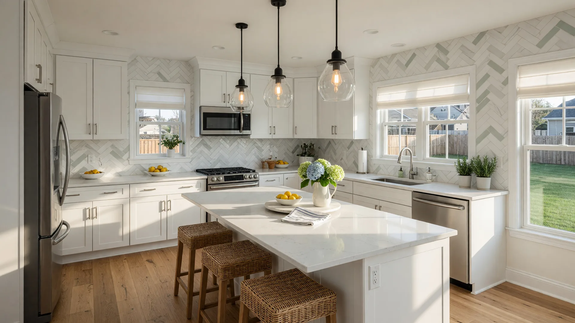 Beautifully renovated modern kitchen with white shaker cabinets, quartz countertops, and stainless steel appliances