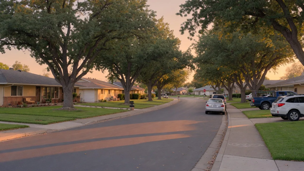 A golden-hour tree-lined street in Elk Grove, California