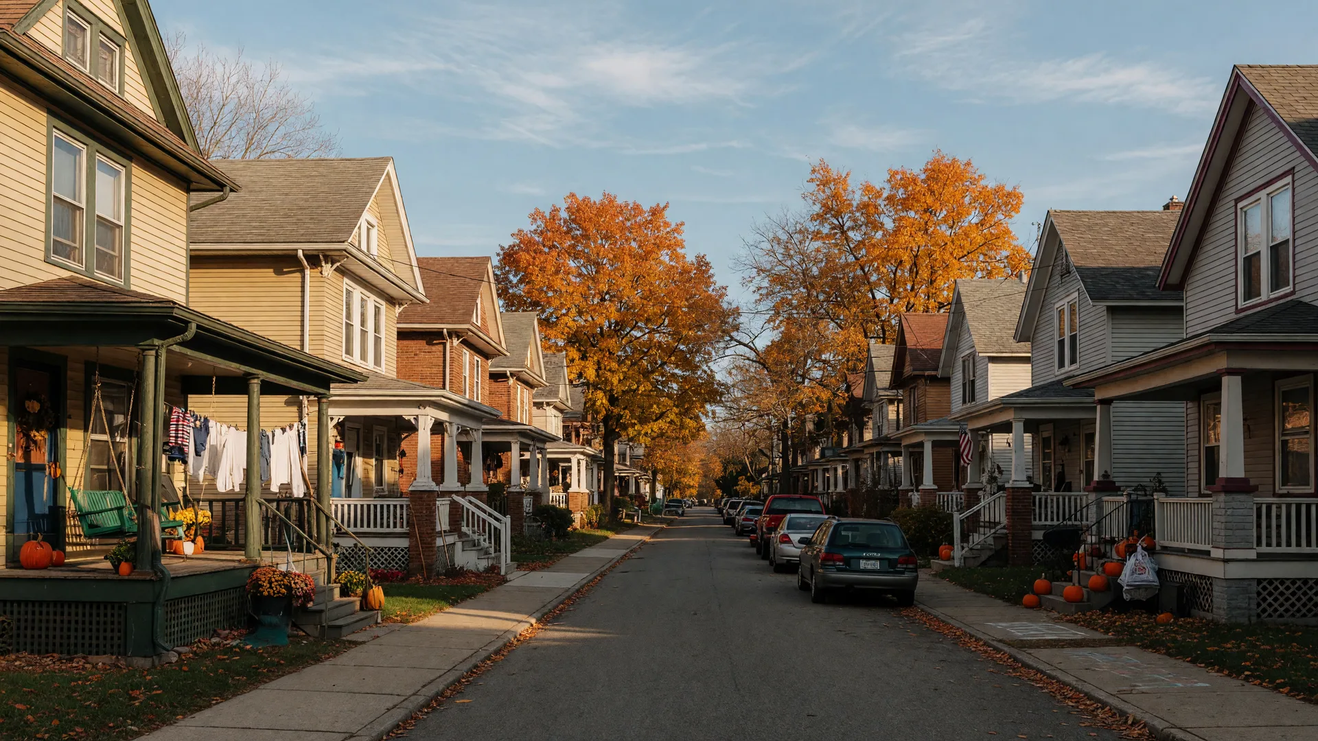 A Lakewood, Ohio residential street on a crisp late-October afternoon, closely-spaced pre-war bungalows and double houses with deep front porches on a dense streetcar-era grid, cars parked along the curb, and mature sugar maples arching in orange and gold over the sidewalk