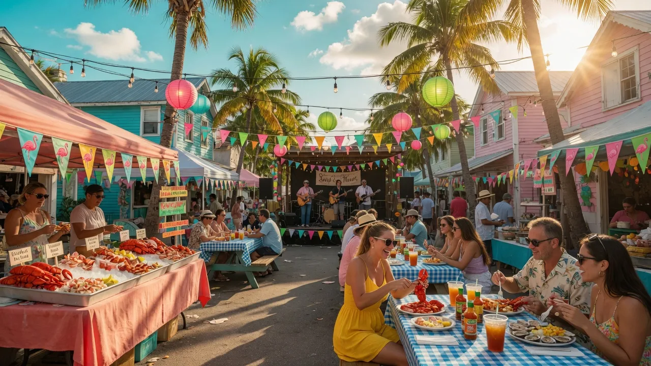 Festive street fair in Key West, Florida with colorful market stalls, string lights overhead, and people enjoying fresh seafood and lobster at outdoor dining tables under palm trees on a sunny summer afternoon