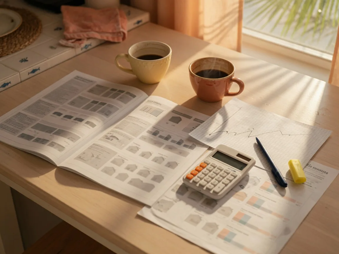 A sunlit Florida kitchen table with a printed comparative market analysis, a calculator, and two coffee cups before a seller meeting.