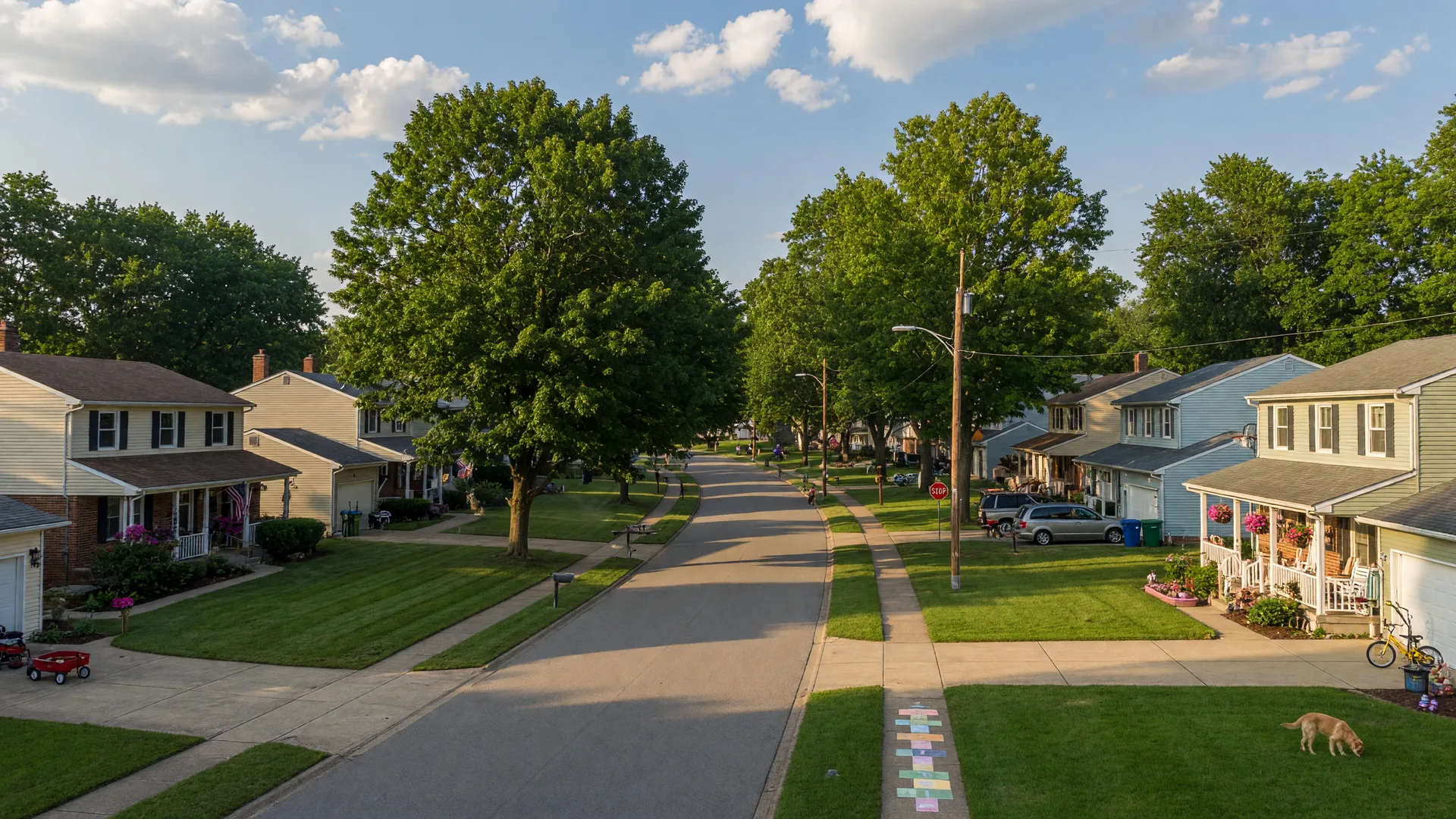 Tree-lined residential street in North Ridgeville, Ohio with well-maintained suburban homes on a sunny summer afternoon
