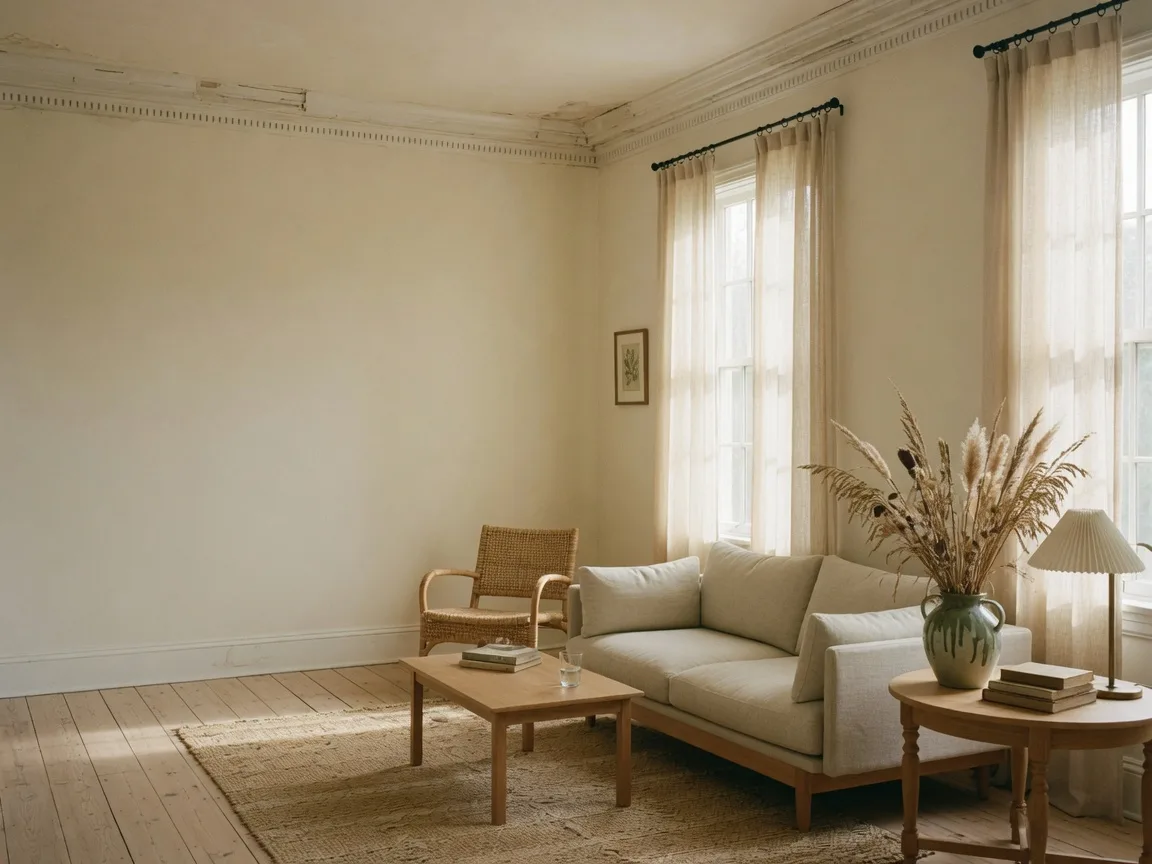 A bright renovated Florida living room with white oak floors and linen curtains in soft morning light