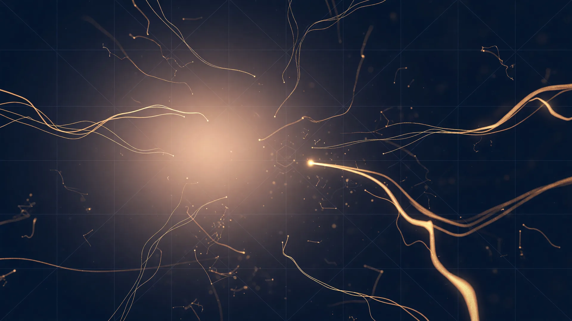 Abstract deep navy field with fine gold threads of light forming neural connections