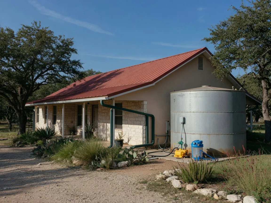 Texas Hill Country home with red metal roof, gutter system, and large galvanized steel cistern with pump and filter equipment