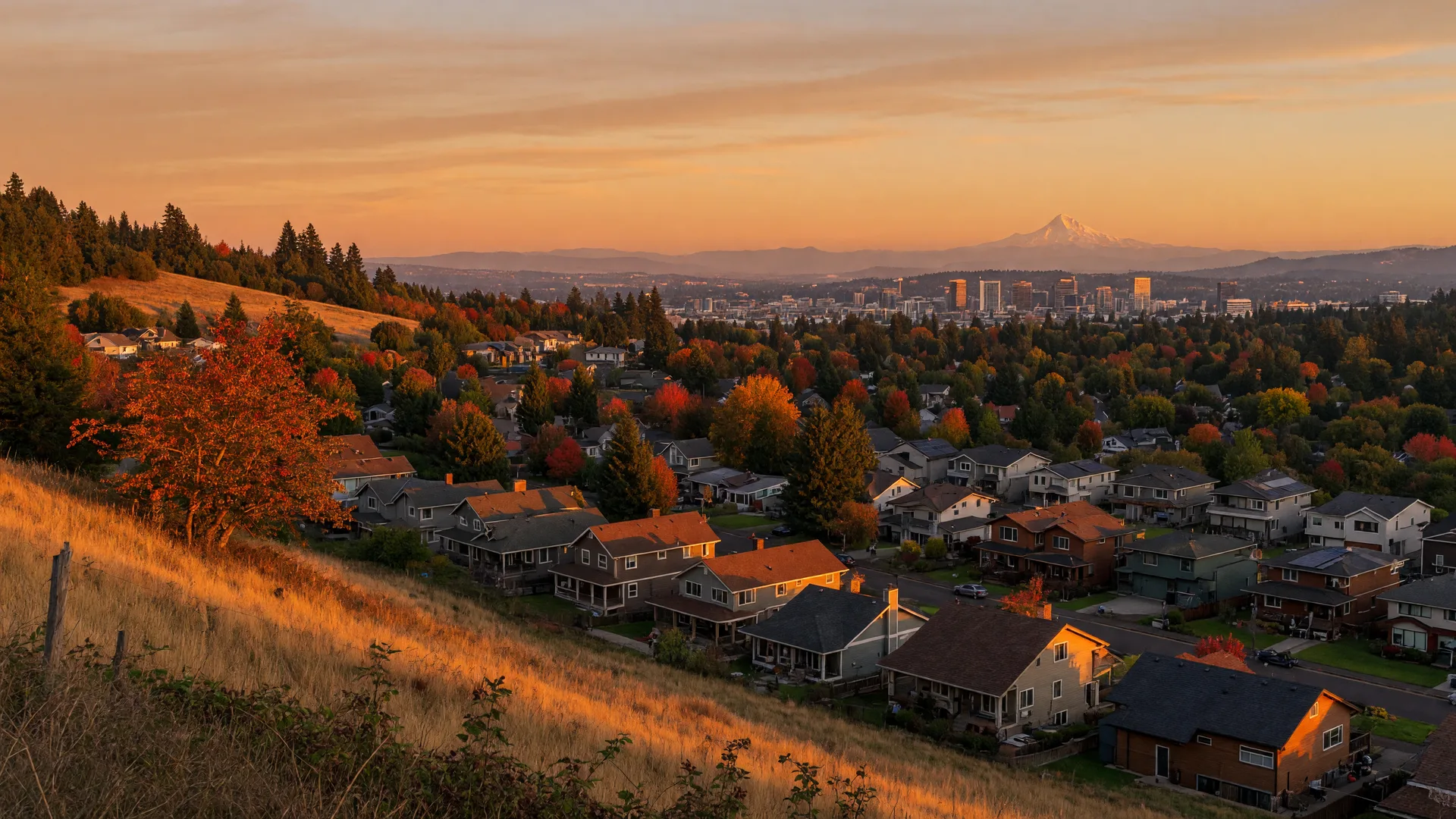 Hillside suburbs of Happy Valley at golden hour with Mount Hood faint on the horizon