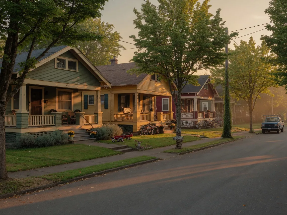 A quiet St. Johns street of craftsman bungalows with front porches and tidy yards at golden hour
