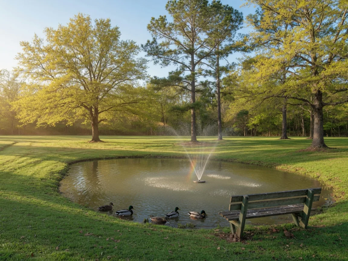 A park duck pond with a fountain and mature trees in Kingwood