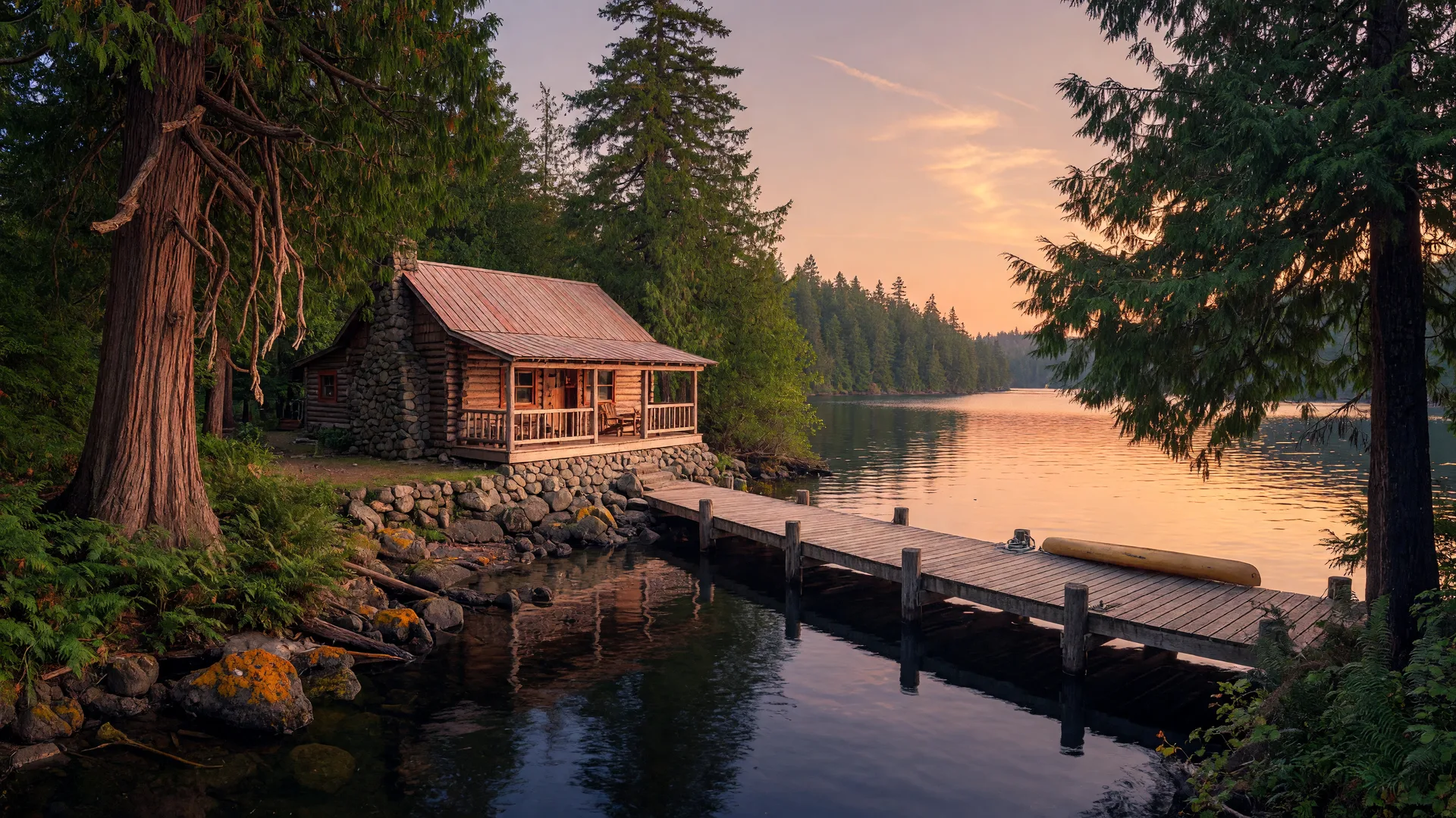 Rustic lakefront cabin on Shawnigan Lake during golden hour with calm water and a wooden dock