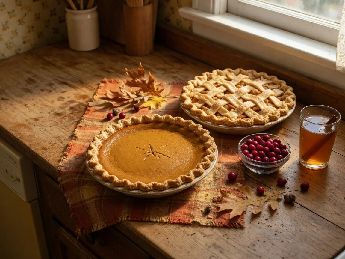 Homemade pumpkin pie and apple pie cooling on a wooden kitchen counter with a bowl of cranberries and a glass of cider nearby