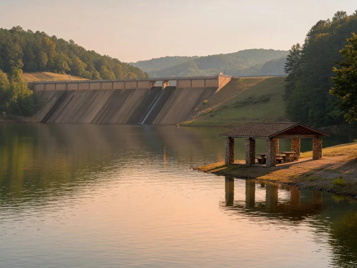 Calm reservoir water below tree-covered hills near the Hartwell Dam with a stone picnic pavilion at the shoreline