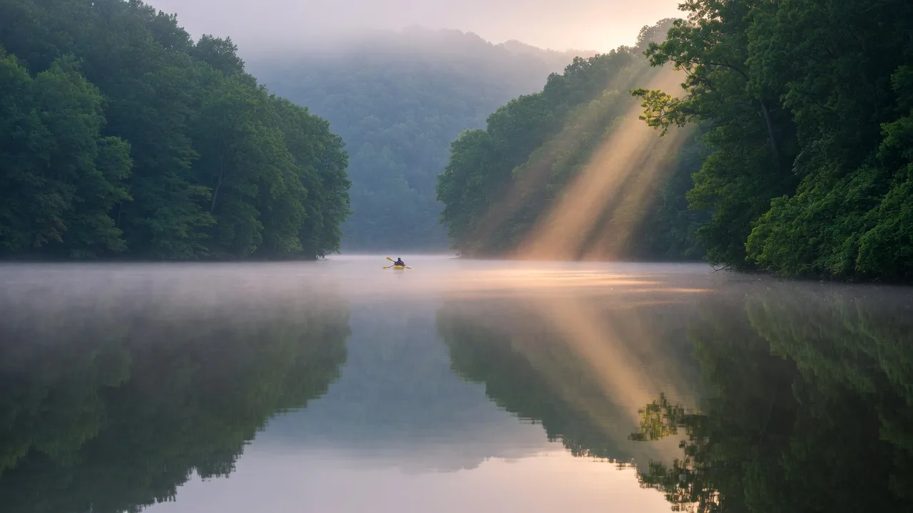 Early-morning view of the narrow forested channel of Mountain Island Lake with haze over the water