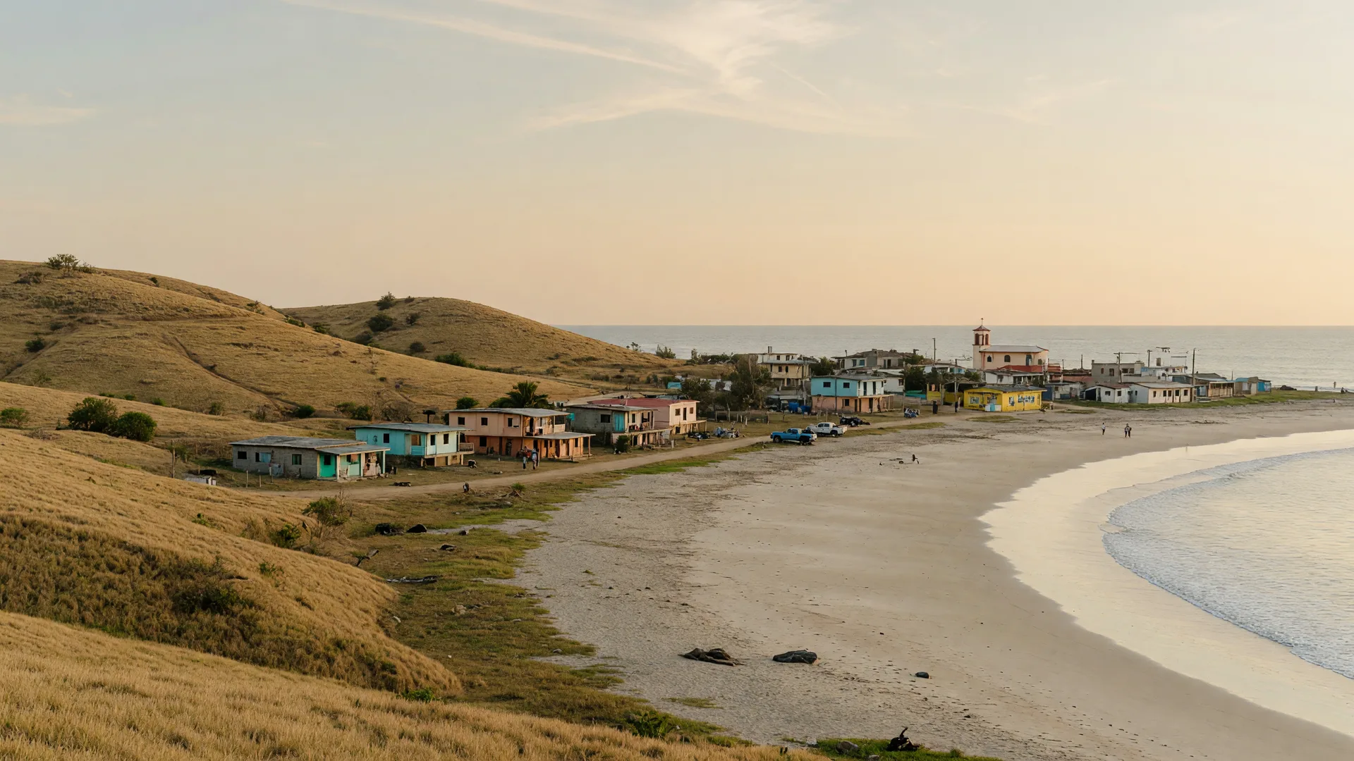 The dry, golden coastline of the Azuero Peninsula near Pedasí and Playa Venao, with a wide Pacific beach and scattered beachfront homes under a late-afternoon sky