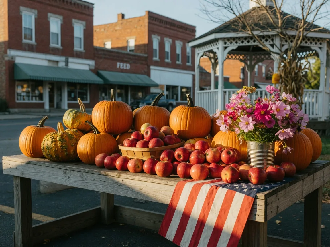 Harvest market table piled with pumpkins, gourds, and apples at a small-town Ohio fall market in warm September light