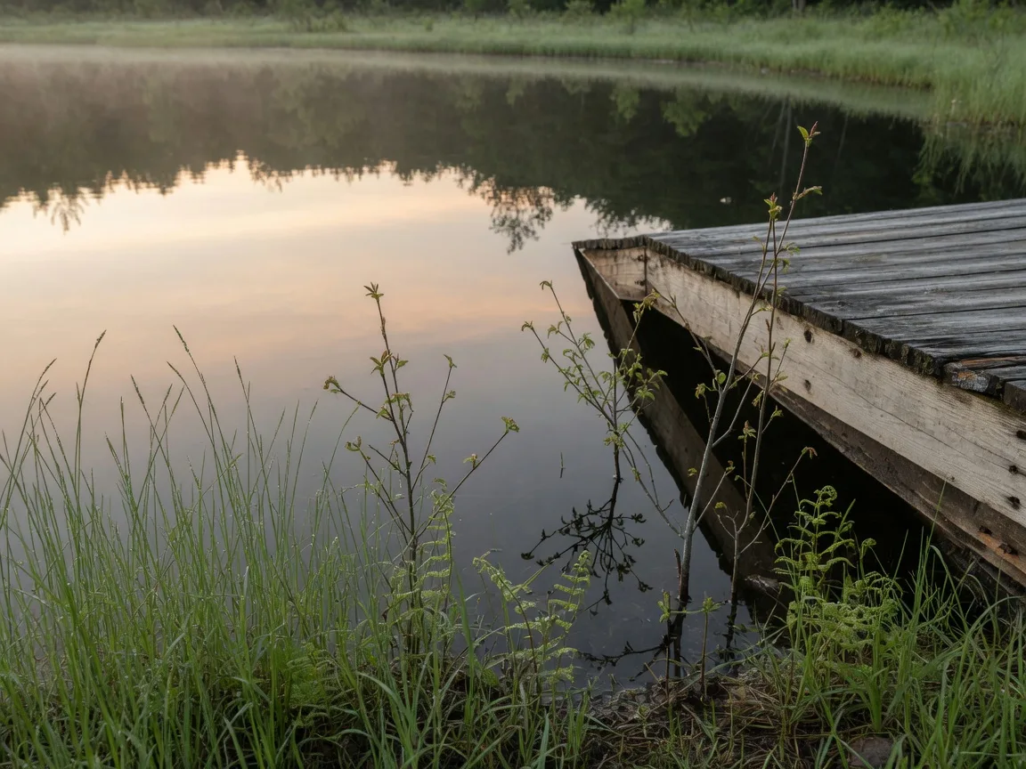 Natural shoreline buffer of native grasses and young hardwoods growing to the water's edge on a calm cove