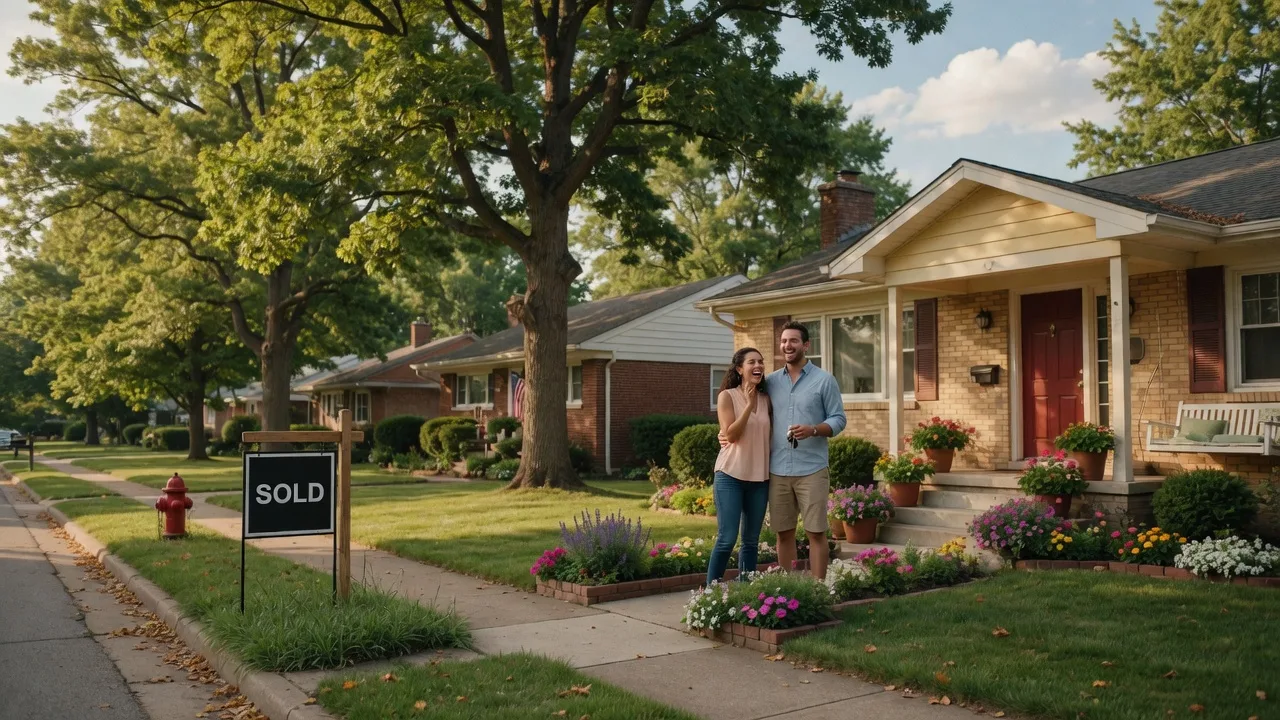 Young couple standing on the front porch of a charming suburban home in Northwest Indiana with a Sold sign near the curb, warm golden afternoon light filtering through oak trees