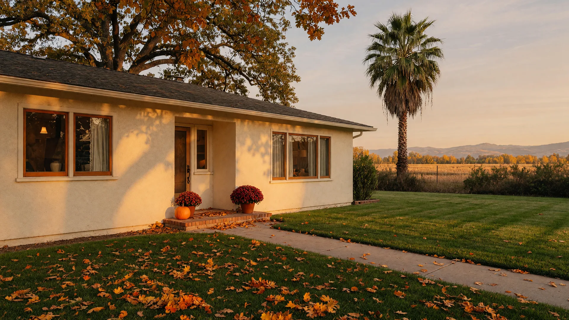 A cream stucco ranch home in Merced County on a golden October afternoon, with autumn leaves on the lawn, a pumpkin and chrysanthemums at the front step, and the hazy Sierra Nevada foothills on the horizon