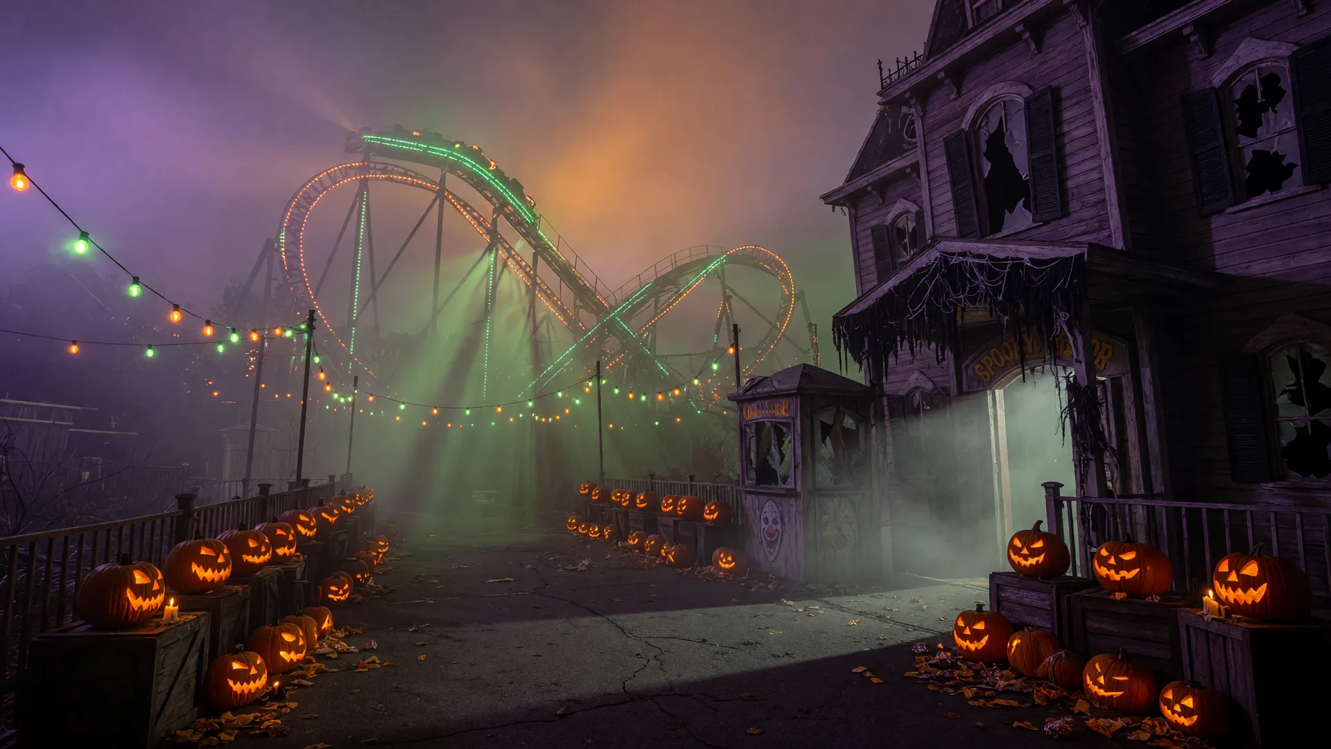 A haunted amusement park at night with a roller coaster silhouette against a foggy purple-and-orange sky, eerie carnival lights, and a fog-draped haunted house facade