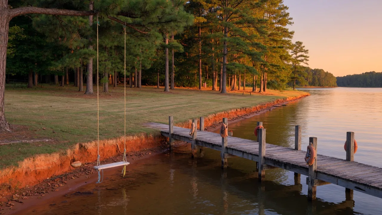 Golden hour on a Lake Hartwell shoreline: a weathered wooden dock over still water, a rope swing over the shallows, and tall pines along a grassy bank