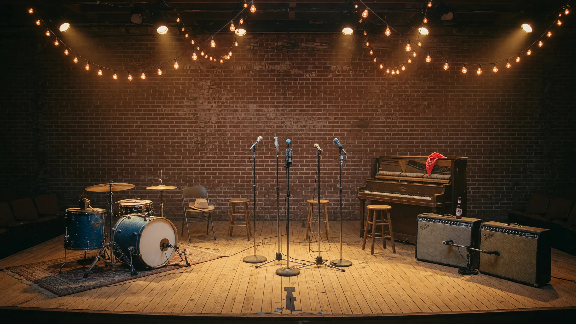 A warm small-town Texas music theater stage with Edison bulbs, a drum kit, guitar amplifiers, and a piano waiting under amber spotlights