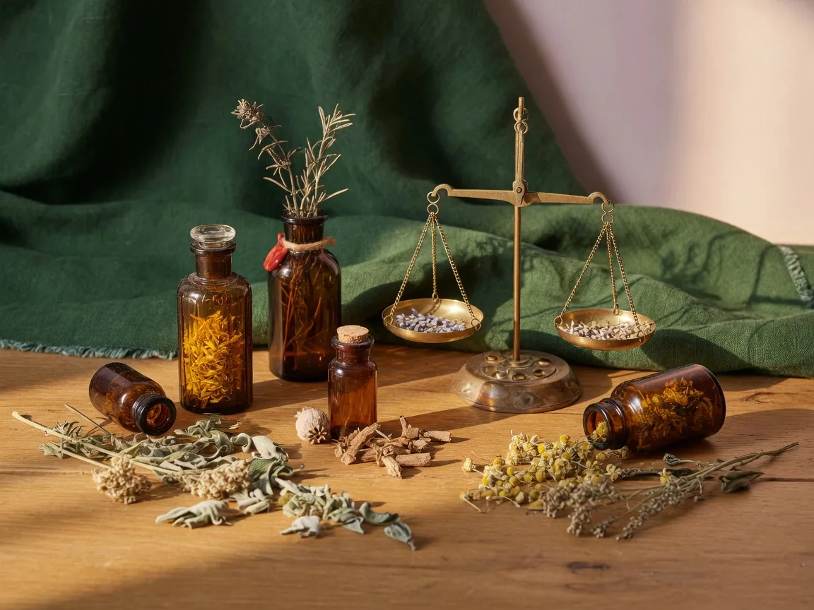 Amber glass apothecary vials and dried botanicals on a warm oak surface