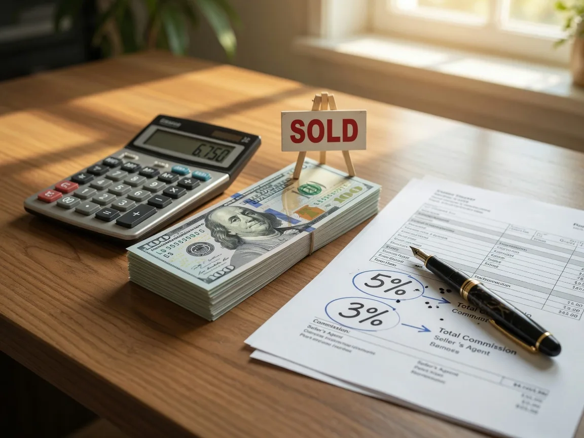 Real estate commission concept with calculator, cash and SOLD sign on a professional desk