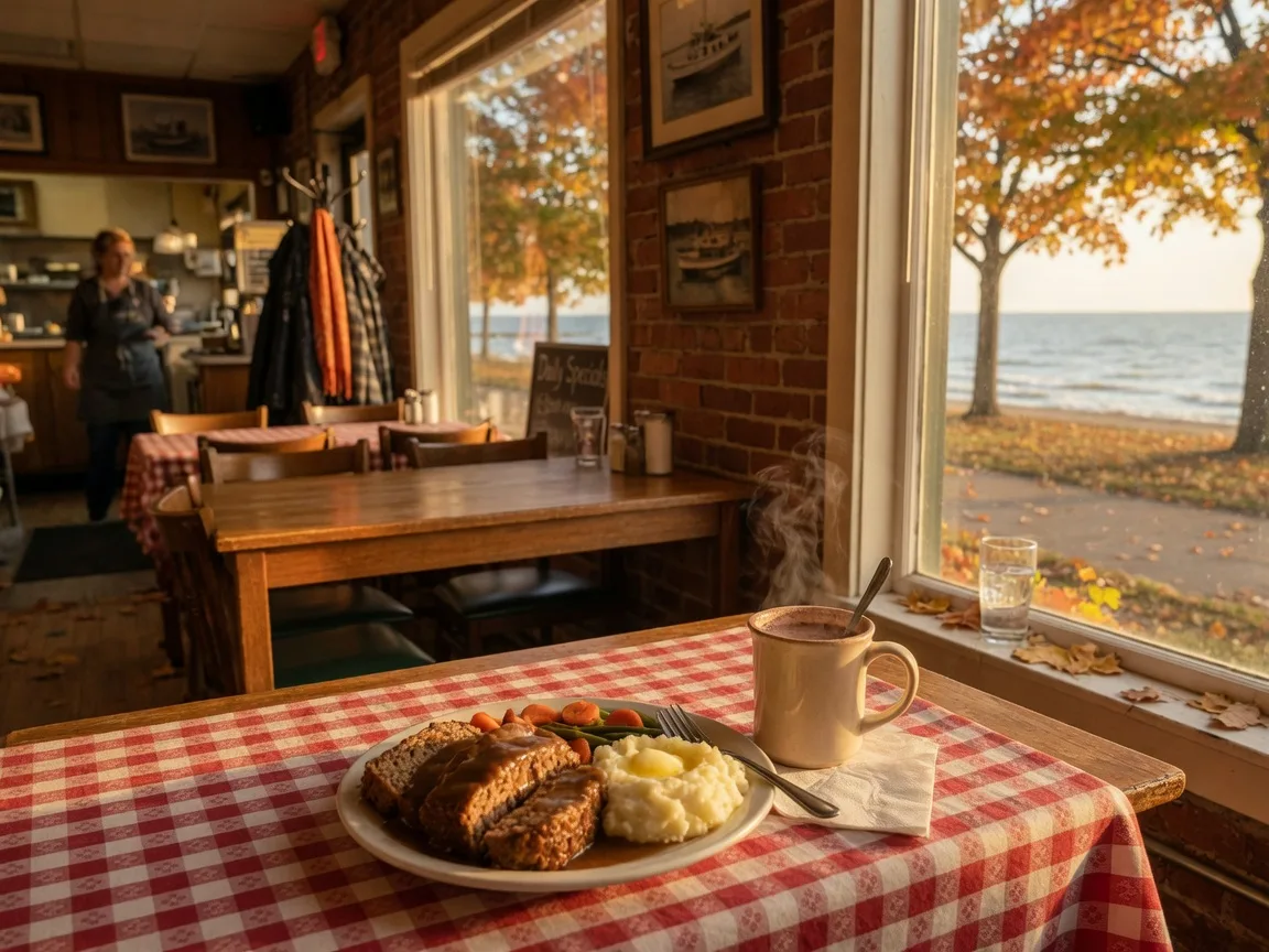 A cozy restaurant table set with comfort food near the Euclid, Ohio lakefront
