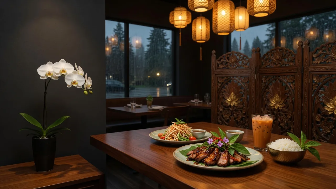 An elegant Thai restaurant dining room at evening with warm lantern light over a dark wood table set with artfully plated Thai dishes