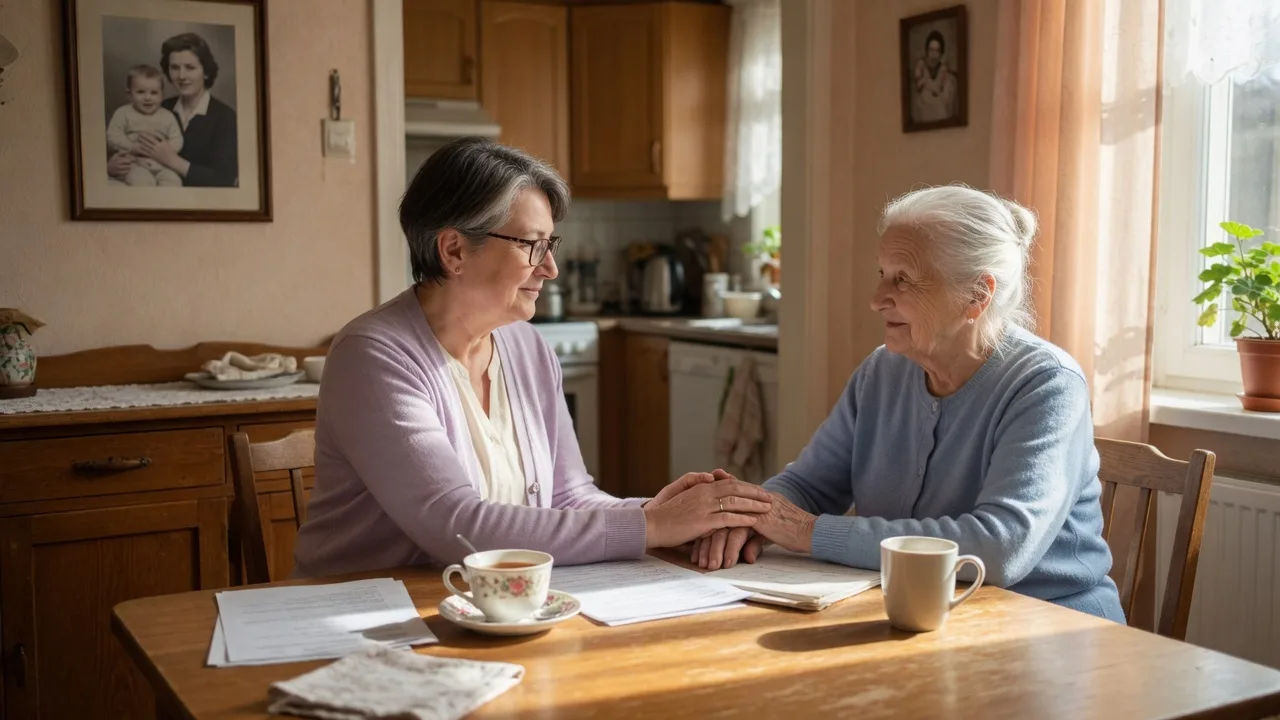 An adult daughter in her 50s gently resting her hand on her elderly mother's hand at a sunlit kitchen table, with papers and a cup of tea between them