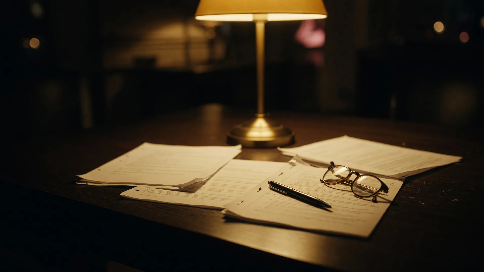 Printed offer documents, a pen, and reading glasses gathered in a single warm pool of lamplight at night