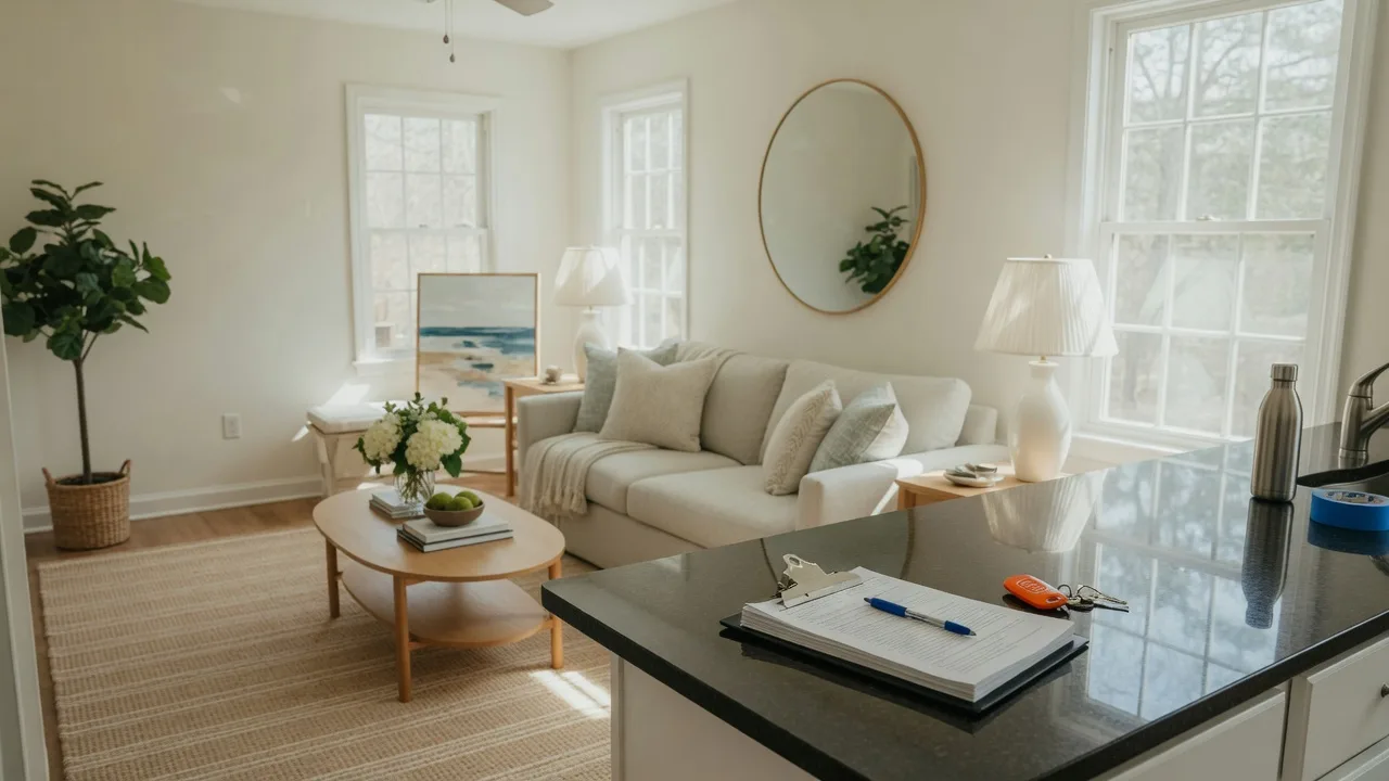 A bright, freshly staged living room in a Hampton Roads home being prepared for sale