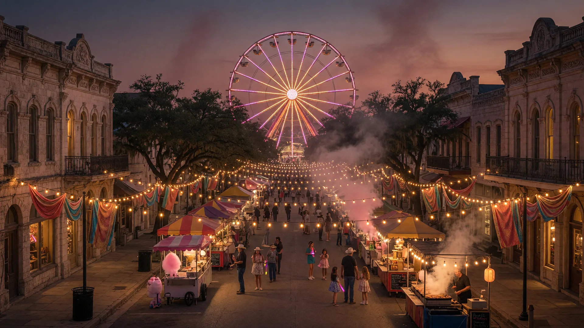 Small-town festival main street at dusk with string lights, banners, and a Ferris wheel