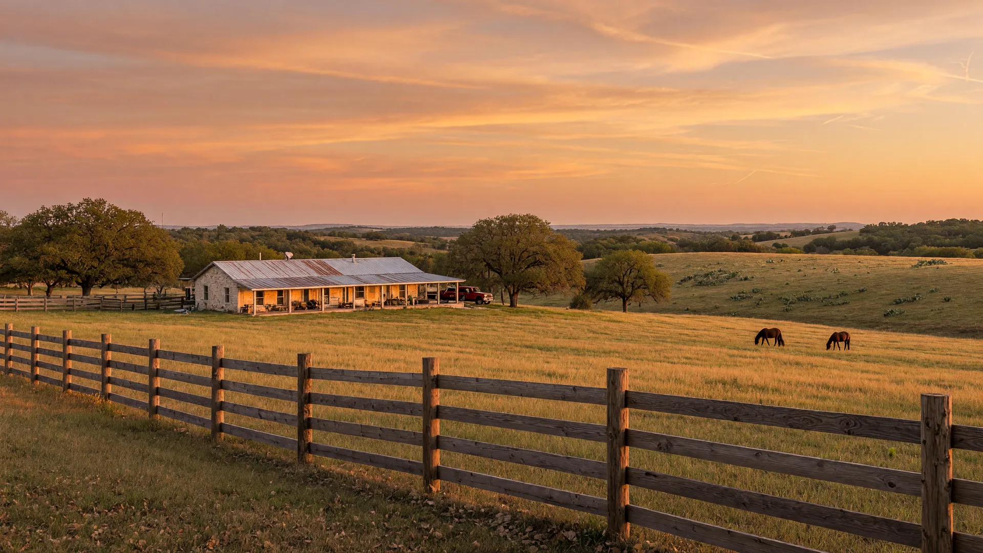 Ranch-style home on oak-dotted acreage near Bulverde at sunset, Hill Country San Antonio real estate on a grand scale