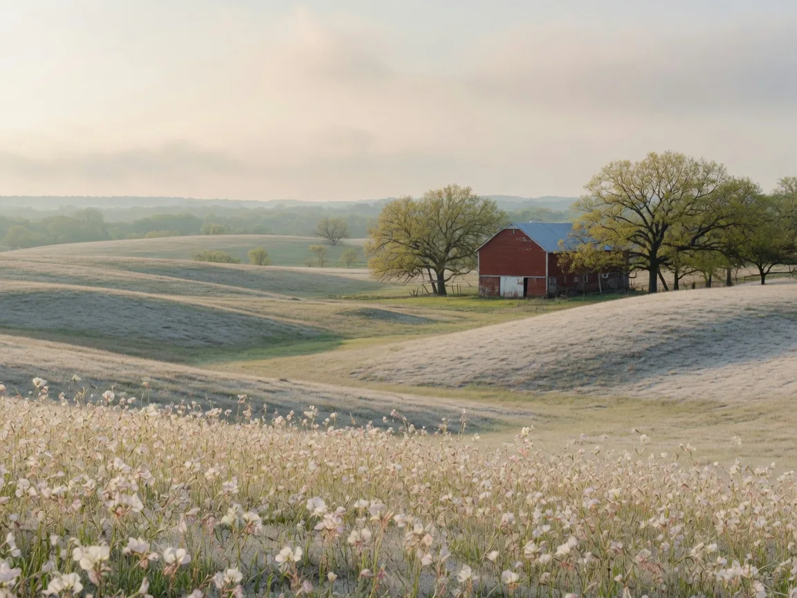 Rolling North Texas prairie with wildflowers and a distant red barn near Bonham