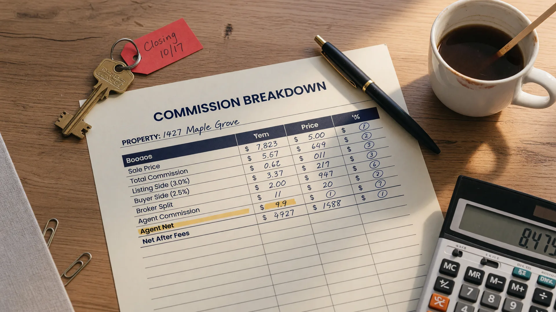 Overhead flat-lay of a real estate commission document on a wooden desk with a calculator, pen, and house key